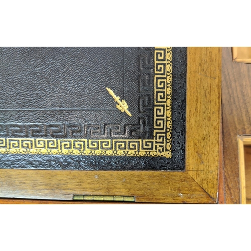 214 - WORK/WRITING TABLE, mid Victorian burr walnut and inlaid with hinged, leather lined top above a draw... 