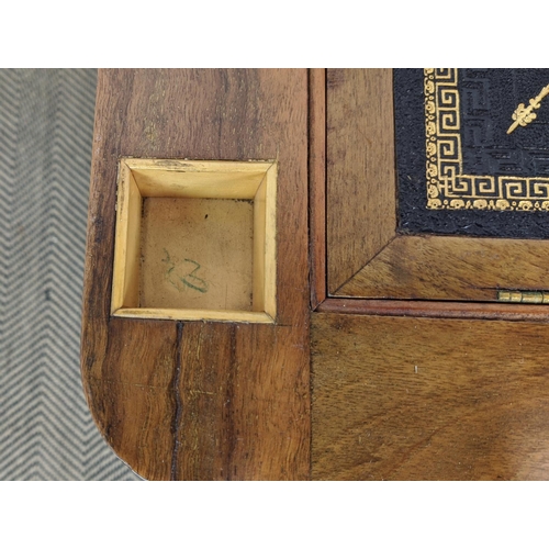 214 - WORK/WRITING TABLE, mid Victorian burr walnut and inlaid with hinged, leather lined top above a draw... 