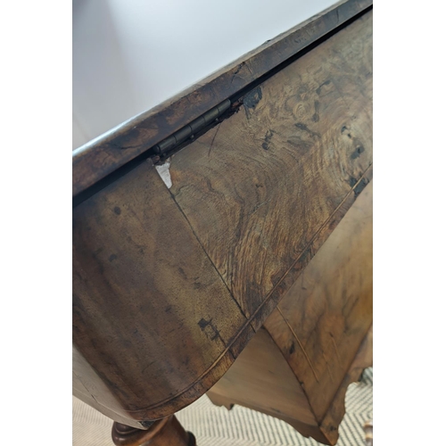 214 - WORK/WRITING TABLE, mid Victorian burr walnut and inlaid with hinged, leather lined top above a draw... 