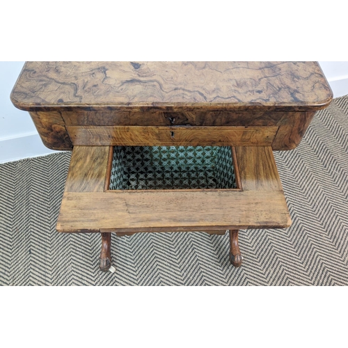 214 - WORK/WRITING TABLE, mid Victorian burr walnut and inlaid with hinged, leather lined top above a draw... 