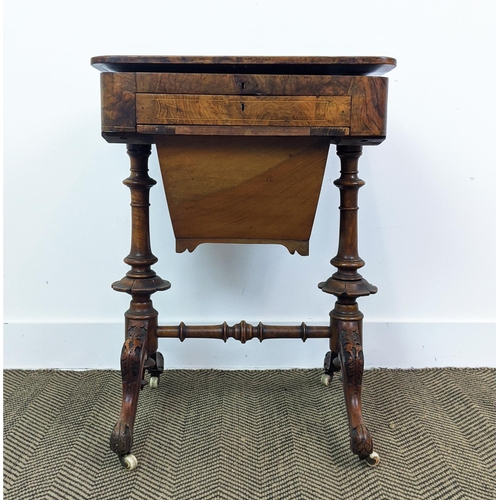 214 - WORK/WRITING TABLE, mid Victorian burr walnut and inlaid with hinged, leather lined top above a draw... 