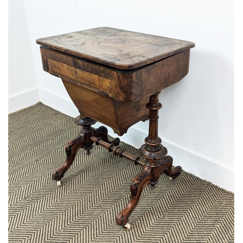 214 - WORK/WRITING TABLE, mid Victorian burr walnut and inlaid with hinged, leather lined top above a draw... 