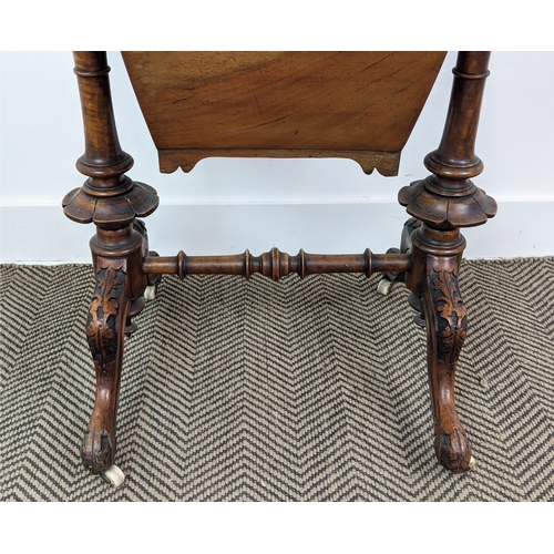 214 - WORK/WRITING TABLE, mid Victorian burr walnut and inlaid with hinged, leather lined top above a draw... 