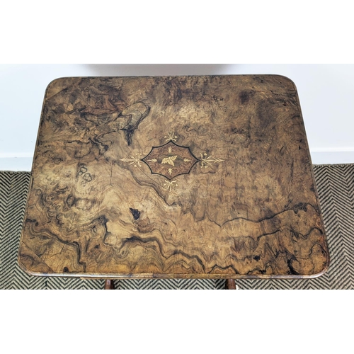 214 - WORK/WRITING TABLE, mid Victorian burr walnut and inlaid with hinged, leather lined top above a draw... 