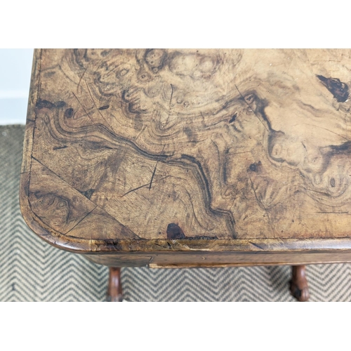 214 - WORK/WRITING TABLE, mid Victorian burr walnut and inlaid with hinged, leather lined top above a draw... 