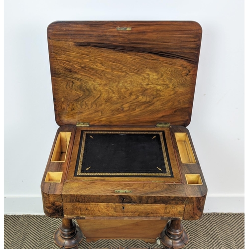 214 - WORK/WRITING TABLE, mid Victorian burr walnut and inlaid with hinged, leather lined top above a draw... 