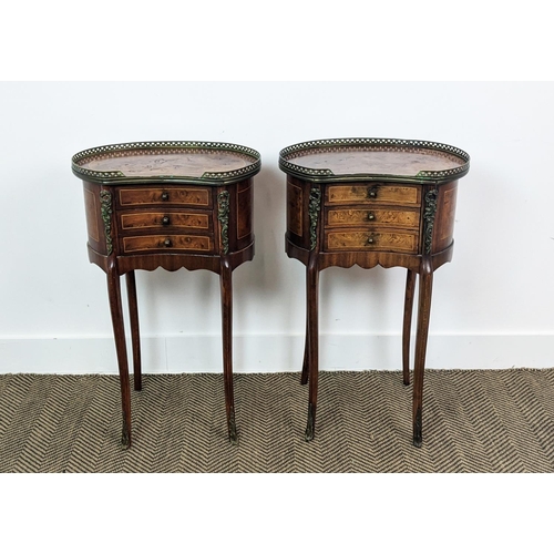 215 - BEDSIDE TABLES, a pair, kidney shaped with a 3/4 pierced brass gallery with three drawers, each 45cm... 