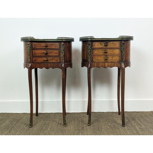 215 - BEDSIDE TABLES, a pair, kidney shaped with a 3/4 pierced brass gallery with three drawers, each 45cm... 