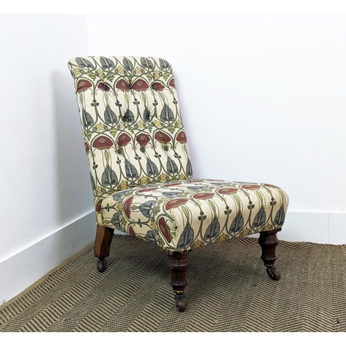 224 - SLIPPER CHAIR, Victorian beechwood in Charles Rennie Mackintosh design fabric on ceramic castors, 69... 