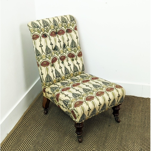 224 - SLIPPER CHAIR, Victorian beechwood in Charles Rennie Mackintosh design fabric on ceramic castors, 69... 