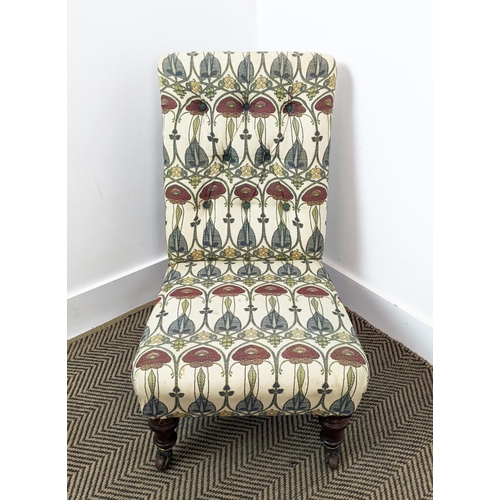 224 - SLIPPER CHAIR, Victorian beechwood in Charles Rennie Mackintosh design fabric on ceramic castors, 69... 