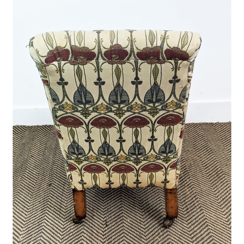 224 - SLIPPER CHAIR, Victorian beechwood in Charles Rennie Mackintosh design fabric on ceramic castors, 69... 