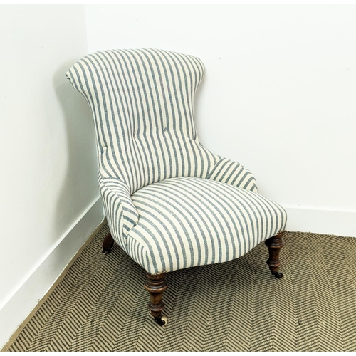 226 - SLIPPER CHAIR, mid Victorian walnut in striped Guy Goodfellow fabric on ceramic castors, 81cm H x 59... 