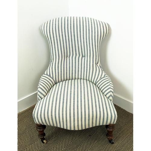 226 - SLIPPER CHAIR, mid Victorian walnut in striped Guy Goodfellow fabric on ceramic castors, 81cm H x 59... 