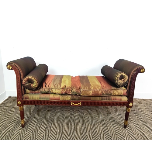 227 - WINDOW SEAT, in a striped silk fabric with a carved wooden showframe with gilt detail, 151cm x 46cm ... 