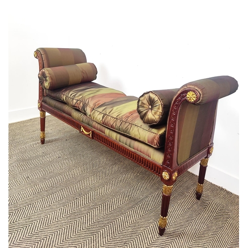 227 - WINDOW SEAT, in a striped silk fabric with a carved wooden showframe with gilt detail, 151cm x 46cm ... 