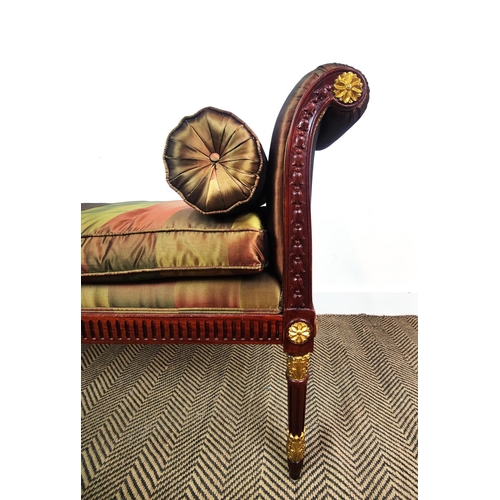 227 - WINDOW SEAT, in a striped silk fabric with a carved wooden showframe with gilt detail, 151cm x 46cm ... 