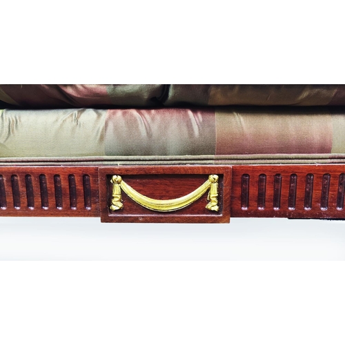 227 - WINDOW SEAT, in a striped silk fabric with a carved wooden showframe with gilt detail, 151cm x 46cm ... 