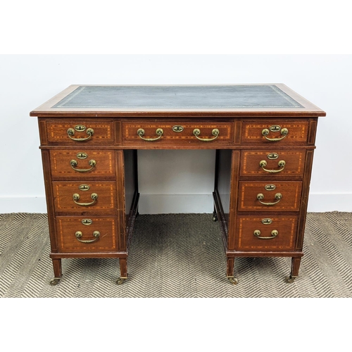 232 - PEDESTAL DESK, Edwardian mahogany and satinwood banded, circa 1905 with black leather top above nine... 