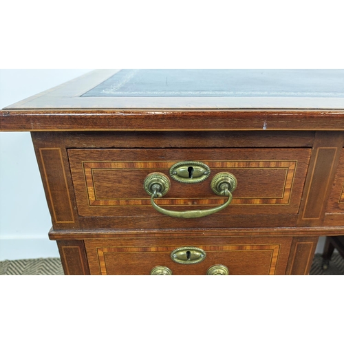 232 - PEDESTAL DESK, Edwardian mahogany and satinwood banded, circa 1905 with black leather top above nine... 