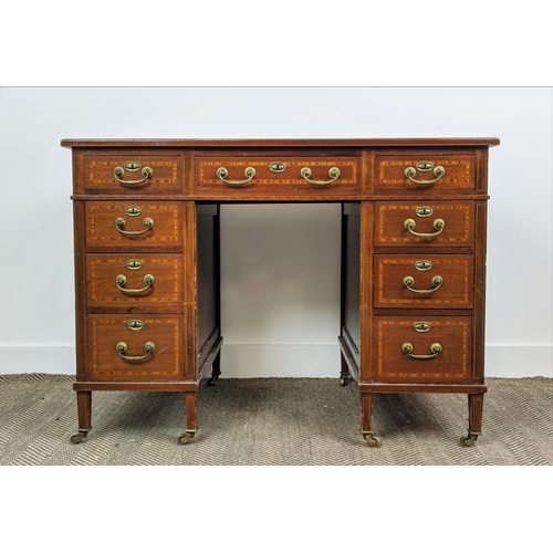 232 - PEDESTAL DESK, Edwardian mahogany and satinwood banded, circa 1905 with black leather top above nine... 