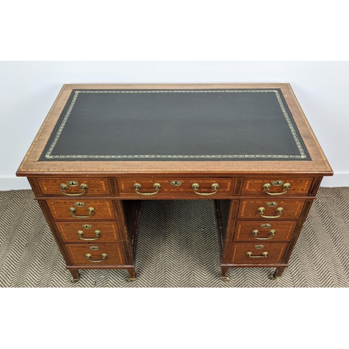 232 - PEDESTAL DESK, Edwardian mahogany and satinwood banded, circa 1905 with black leather top above nine... 