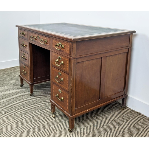 232 - PEDESTAL DESK, Edwardian mahogany and satinwood banded, circa 1905 with black leather top above nine... 