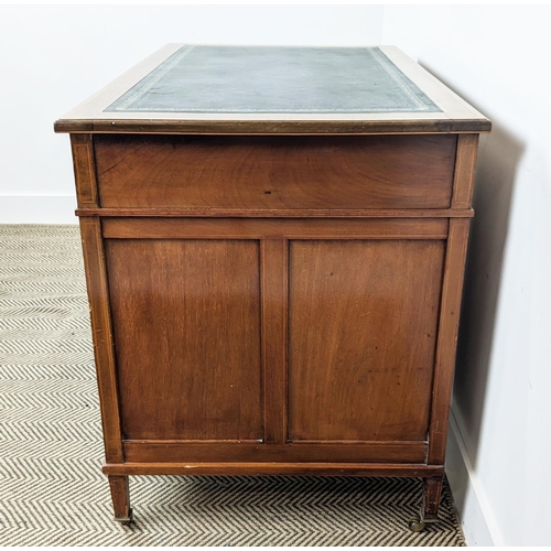 232 - PEDESTAL DESK, Edwardian mahogany and satinwood banded, circa 1905 with black leather top above nine... 