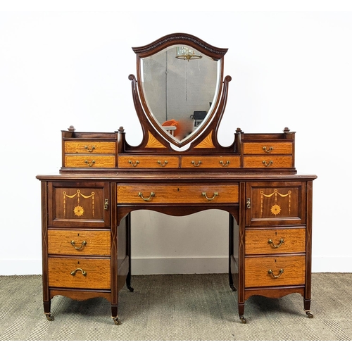 233 - BOWFRONT DRESSING TABLE BY ROBERT GARNETT & SONS, Edwardian mahogany and marquetry with shield mirro... 