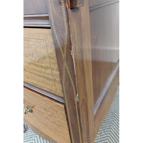 233 - BOWFRONT DRESSING TABLE BY ROBERT GARNETT & SONS, Edwardian mahogany and marquetry with shield mirro... 