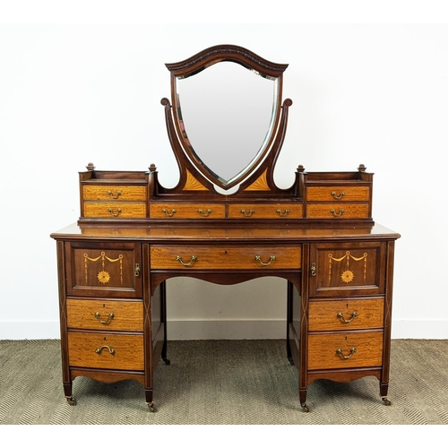 233 - BOWFRONT DRESSING TABLE BY ROBERT GARNETT & SONS, Edwardian mahogany and marquetry with shield mirro... 