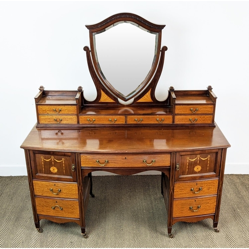 233 - BOWFRONT DRESSING TABLE BY ROBERT GARNETT & SONS, Edwardian mahogany and marquetry with shield mirro... 