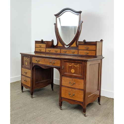 233 - BOWFRONT DRESSING TABLE BY ROBERT GARNETT & SONS, Edwardian mahogany and marquetry with shield mirro... 