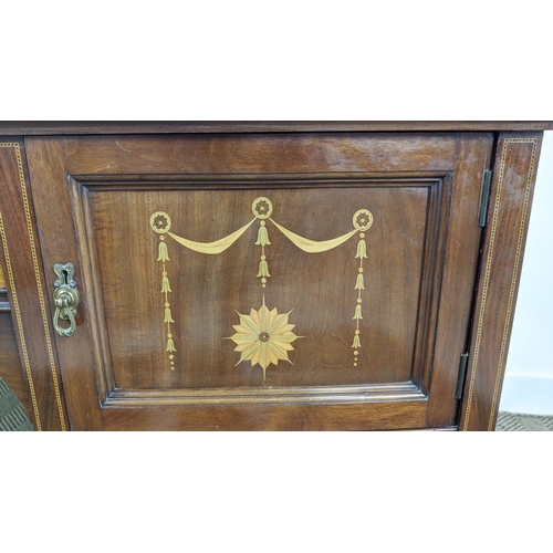 233 - BOWFRONT DRESSING TABLE BY ROBERT GARNETT & SONS, Edwardian mahogany and marquetry with shield mirro... 