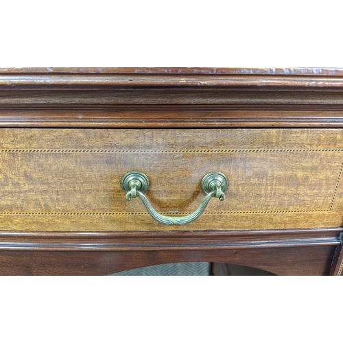 233 - BOWFRONT DRESSING TABLE BY ROBERT GARNETT & SONS, Edwardian mahogany and marquetry with shield mirro... 