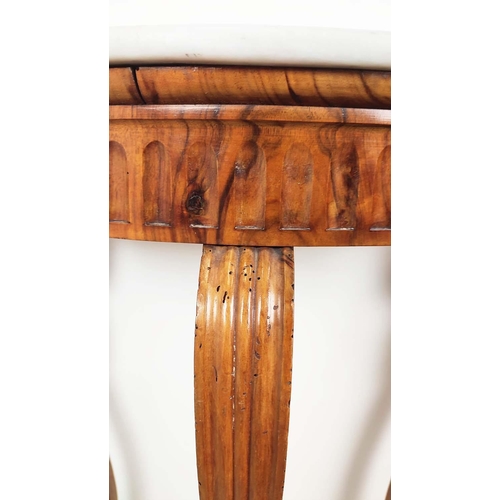 234 - CONSOLE TABLE, 19th century Italian olivewood of demi lune form, the white marble top on scrolling w... 