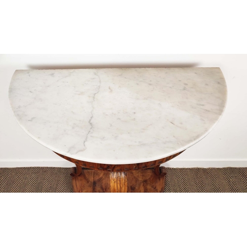 234 - CONSOLE TABLE, 19th century Italian olivewood of demi lune form, the white marble top on scrolling w... 