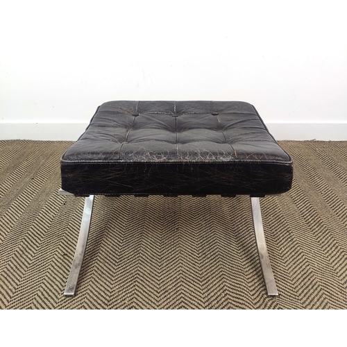 279 - BARCELONA CHAIR AND OTTOMAN AFTER MIES VAN DER ROHE, steel and black leather, chair 80cm H x 80cm, o... 