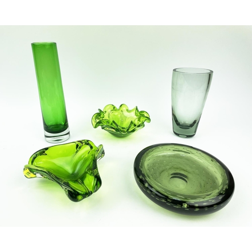 3 - MURANO GREEN GLASS BOWLS AND VASE, mid 20th century along with two whitefriars pieces, 27cm H. (5)