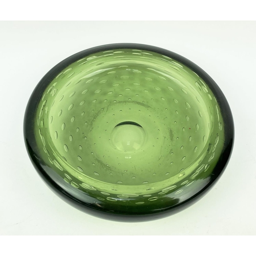 3 - MURANO GREEN GLASS BOWLS AND VASE, mid 20th century along with two whitefriars pieces, 27cm H. (5)