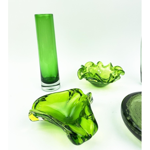 3 - MURANO GREEN GLASS BOWLS AND VASE, mid 20th century along with two whitefriars pieces, 27cm H. (5)