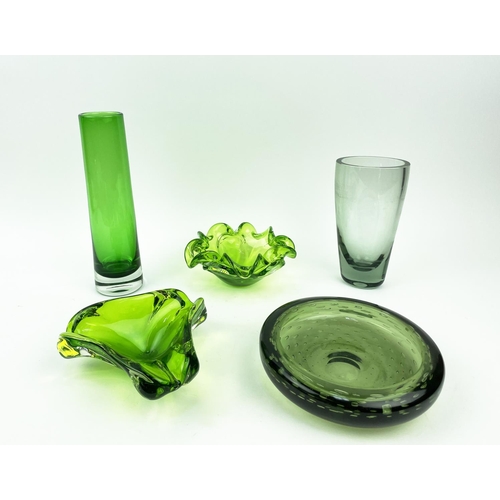 3 - MURANO GREEN GLASS BOWLS AND VASE, mid 20th century along with two whitefriars pieces, 27cm H. (5)