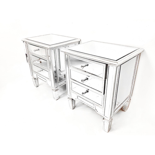 304 - MIRRORED BEDSIDE CHESTS, a pair, Venetian style with three drawers, 60cm H x 50cm x 40cm. (2)