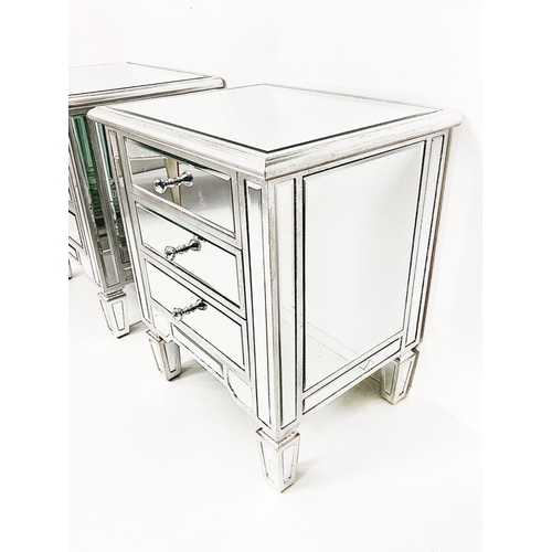 304 - MIRRORED BEDSIDE CHESTS, a pair, Venetian style with three drawers, 60cm H x 50cm x 40cm. (2)