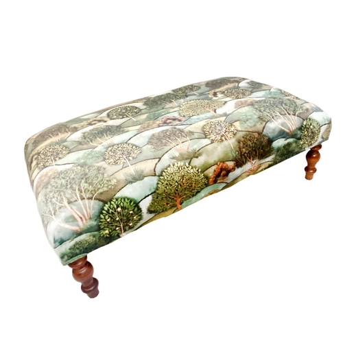 309 - HEARTH STOOL, rolling hills with tree design upholstery on turned supports, 37cm H x 105cm W x 62cm ... 