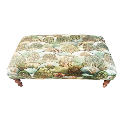 309 - HEARTH STOOL, rolling hills with tree design upholstery on turned supports, 37cm H x 105cm W x 62cm ... 