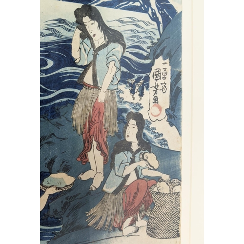 31 - JAPANESE PRINTS, five, including Kuniyoshi, Ousai and others, woodblock prints, each approx 24cmx  3... 