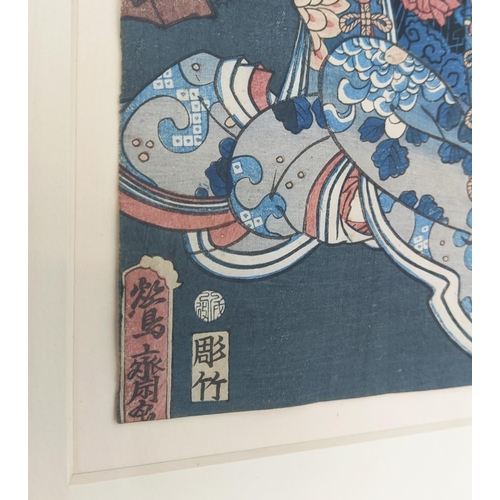 31 - JAPANESE PRINTS, five, including Kuniyoshi, Ousai and others, woodblock prints, each approx 24cmx  3... 