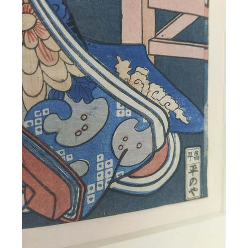 31 - JAPANESE PRINTS, five, including Kuniyoshi, Ousai and others, woodblock prints, each approx 24cmx  3... 