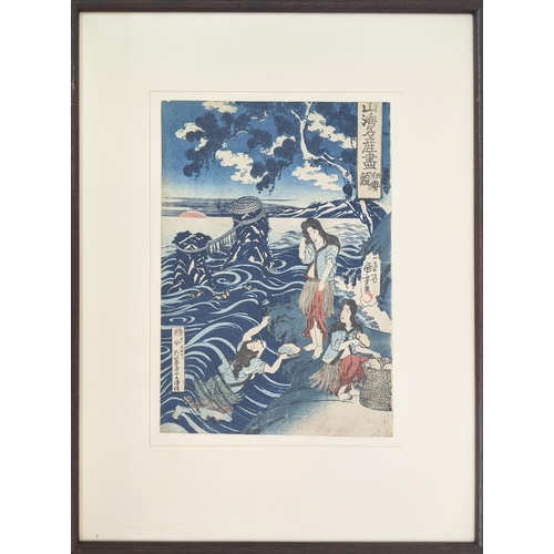 31 - JAPANESE PRINTS, five, including Kuniyoshi, Ousai and others, woodblock prints, each approx 24cmx  3... 